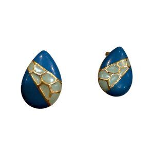 Vintage Blue & Gold Mosaic Teardrop Clip-On Earrings